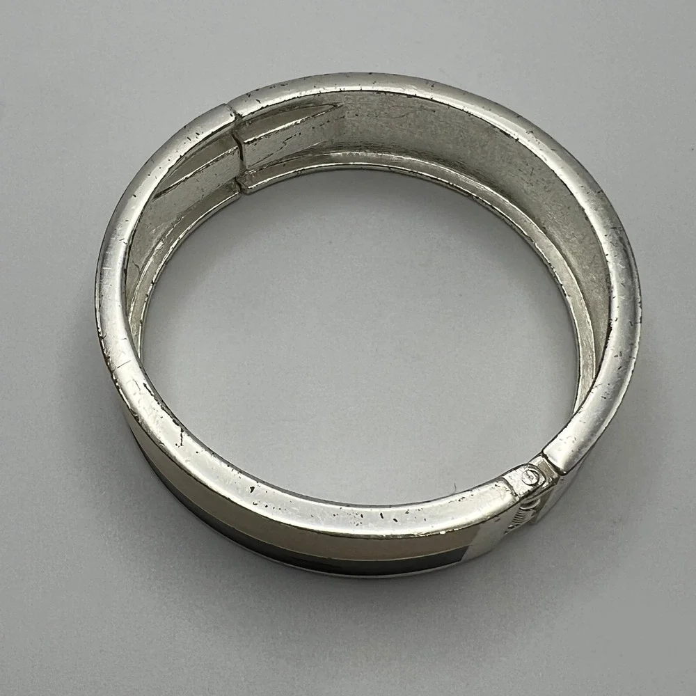 Enamel Bangle Black‎ and Cream Enamel Silver Tone Clamper Bracelet